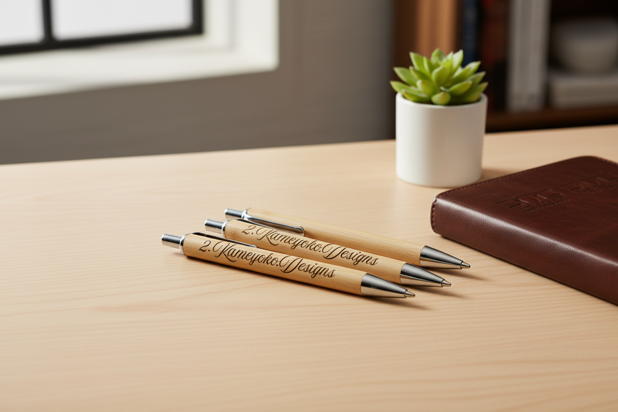 Custom Engraved Bamboo Pens in elegant setting
